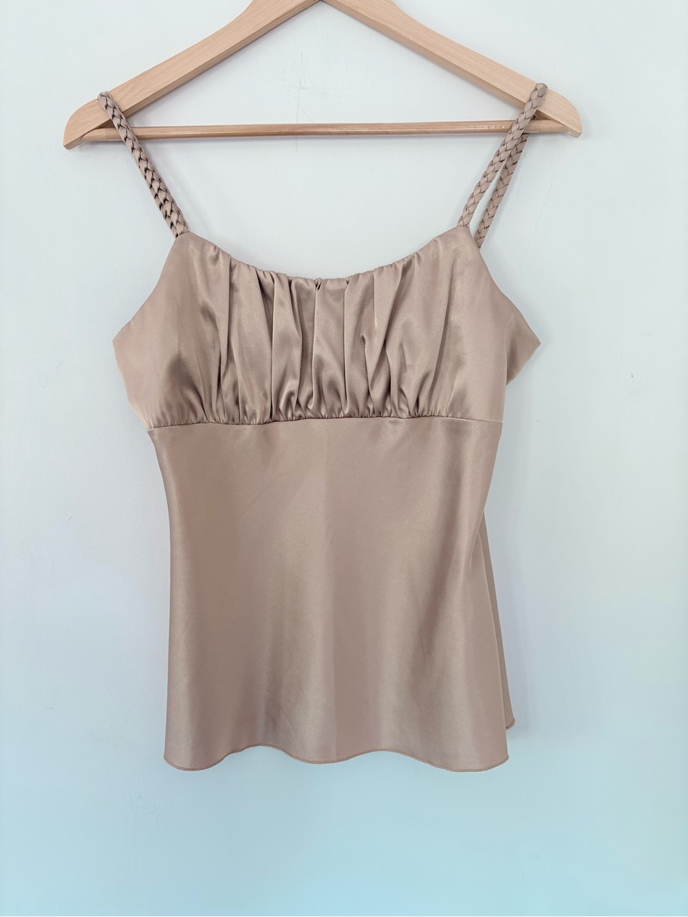 Y2K Champagne M Ruched Satin Cami Slip Top Braided Straps Babydoll Milkmaid EUC